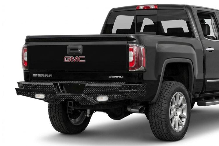 Frontier aftermarket rear bumper for GMC Sierra 1500, heavy‑duty steel upgrade engineered for durability, towing strength, and rugged off‑road protection.