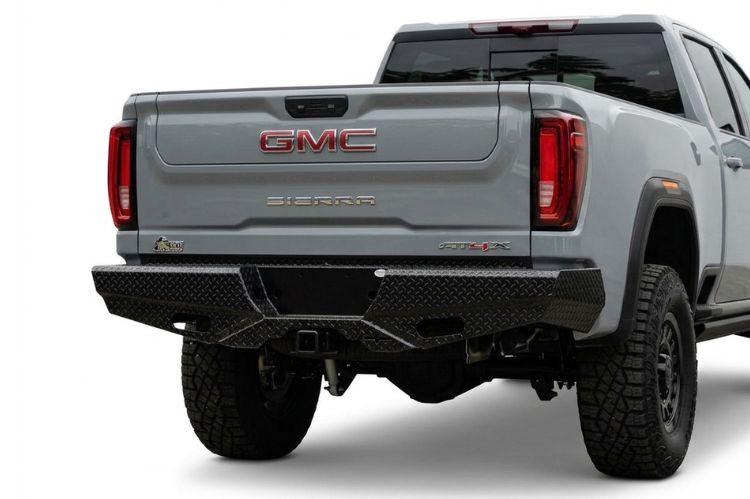 Frontier aftermarket rear bumper for GMC Sierra 2500/3500, heavy‑duty steel upgrade engineered for durability, towing strength, and rugged off‑road protection.