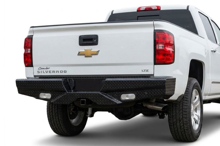 Frontier aftermarket rear bumper for Chevy Silverado 1500, heavy‑duty steel upgrade engineered for durability, towing strength, and rugged off‑road protection.