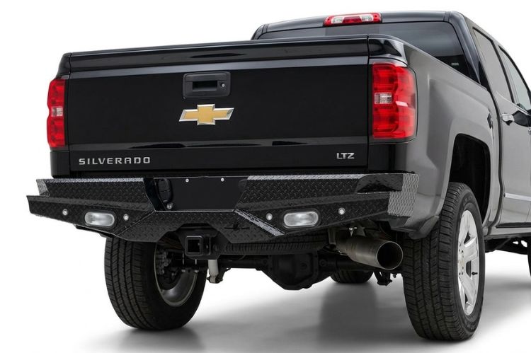 Frontier aftermarket rear bumper for Chevy Silverado 2500/3500, heavy‑duty steel upgrade engineered for durability, towing strength, and rugged off‑road protection.