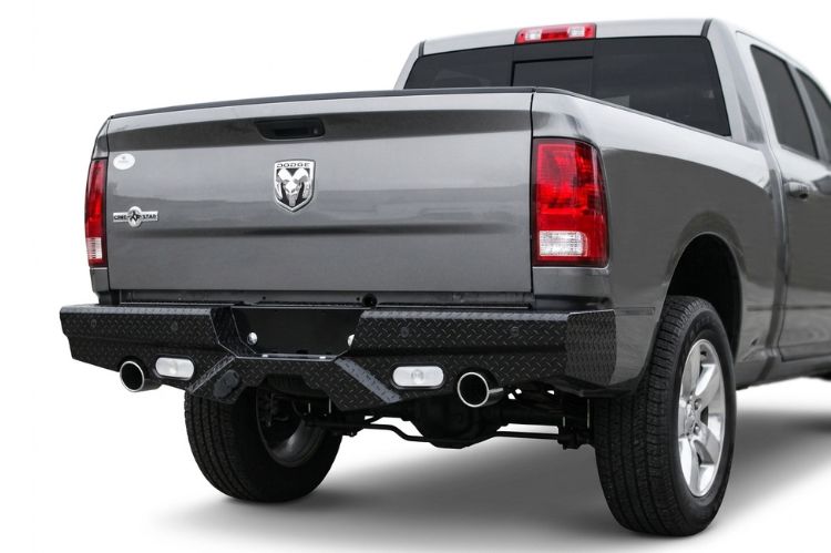 Frontier aftermarket rear bumper for Dodge Ram 1500, heavy‑duty steel upgrade engineered for durability, towing strength, and rugged off‑road protection.