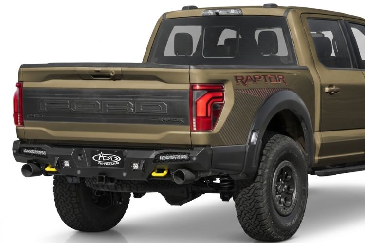 Close‑up of Ford F‑150 Raptor rear bumper detailing reinforced craftsmanship.
