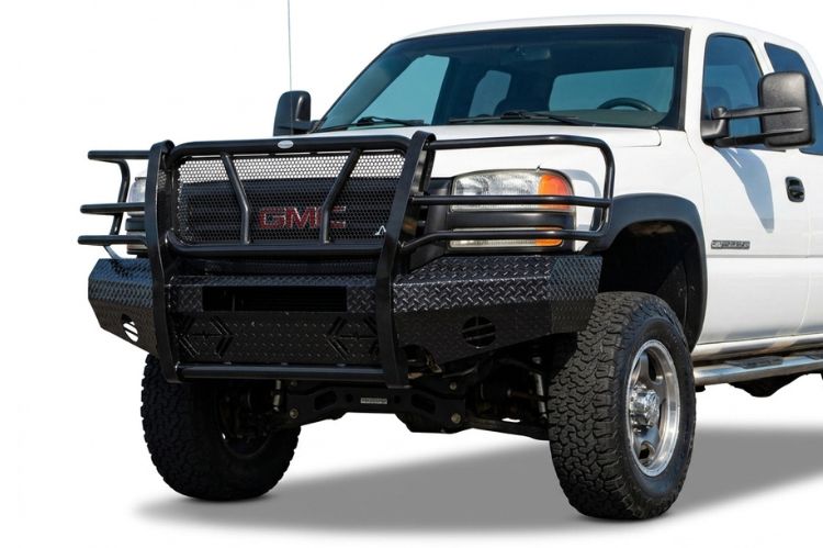Frontier aftermarket front bumper for GMC Sierra 2500/3500, heavy‑duty steel upgrade engineered for durability, towing strength, and rugged off‑road protection.