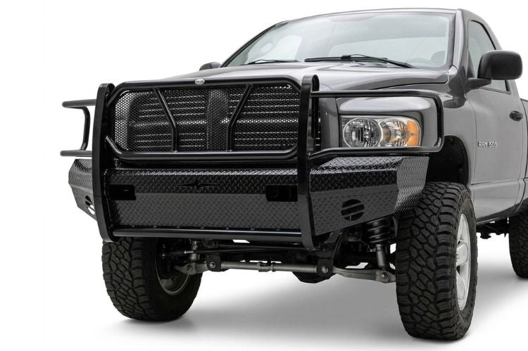 Frontier aftermarket front bumper for Dodge Ram 1500, heavy‑duty steel upgrade engineered for durability, towing strength, and rugged off‑road protection.