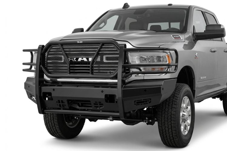 Frontier aftermarket front bumper for Dodge Ram 2500/3500, heavy‑duty steel upgrade engineered for durability, towing strength, and rugged off‑road protection.
