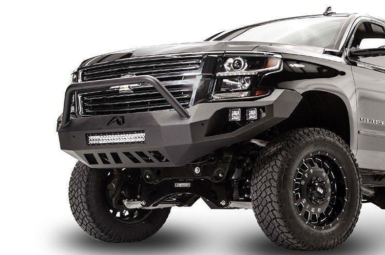Heavy-duty aftermarket steel front bumper for Chevy Tahoe and Suburban SUVs