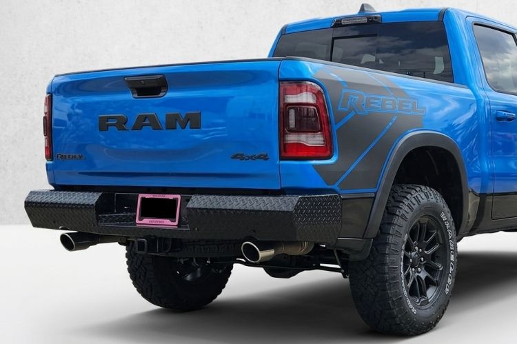 Close‑up of Dodge Ram 1500 Rebel rear bumper detailing reinforced steel craftsmanship.