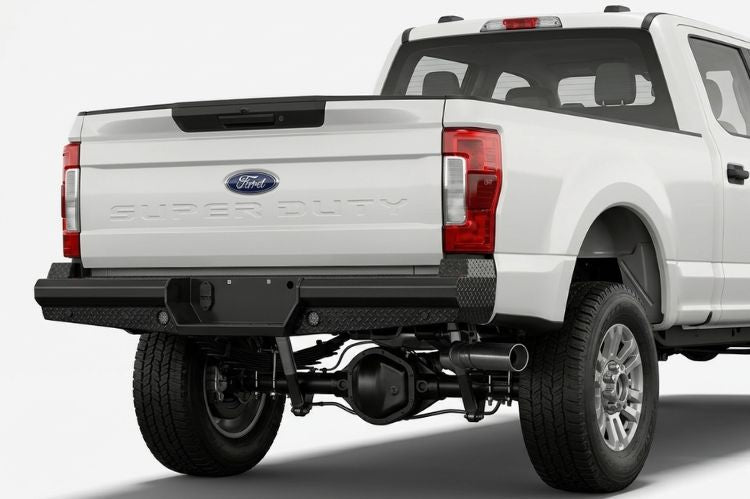 Aftermarket rear bumpers for trucks and SUVs, organized by vehicle make and model for durability, towing support, and style.