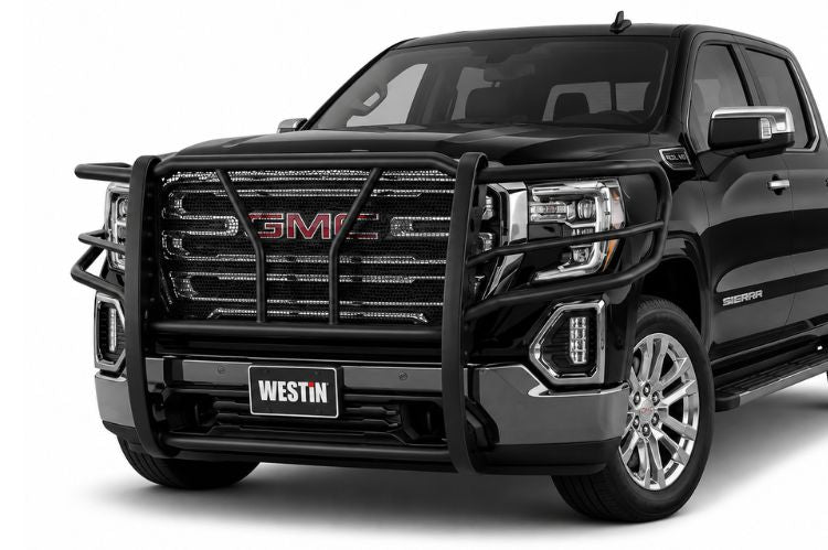 Westin grille guards combining durable steel construction, functional front-end protection, and refined truck styling