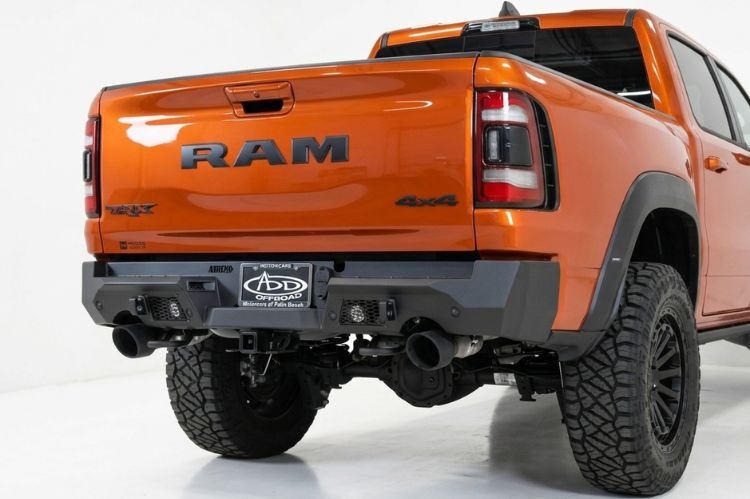Close‑up of Dodge Ram 1500 TRX rear bumper detailing reinforced craftsmanship.
