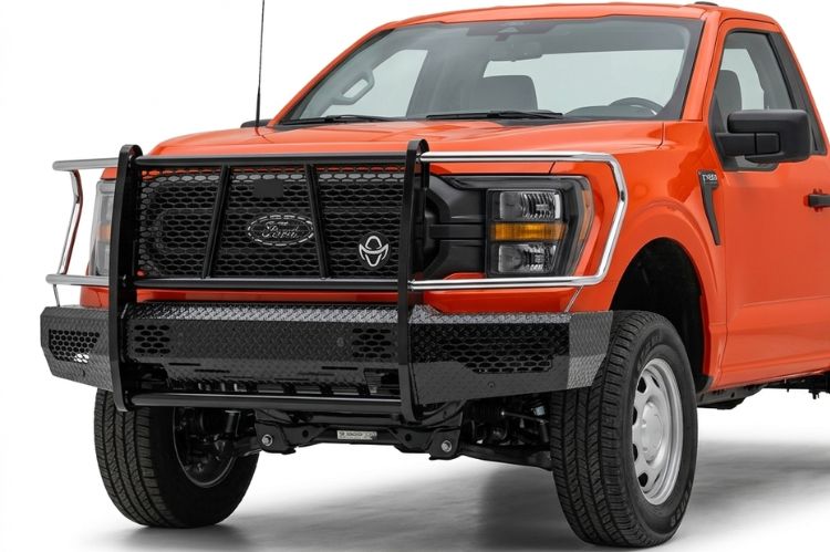 Ford F150 with Ranch Hand steel front bumper replacement and full grille guard