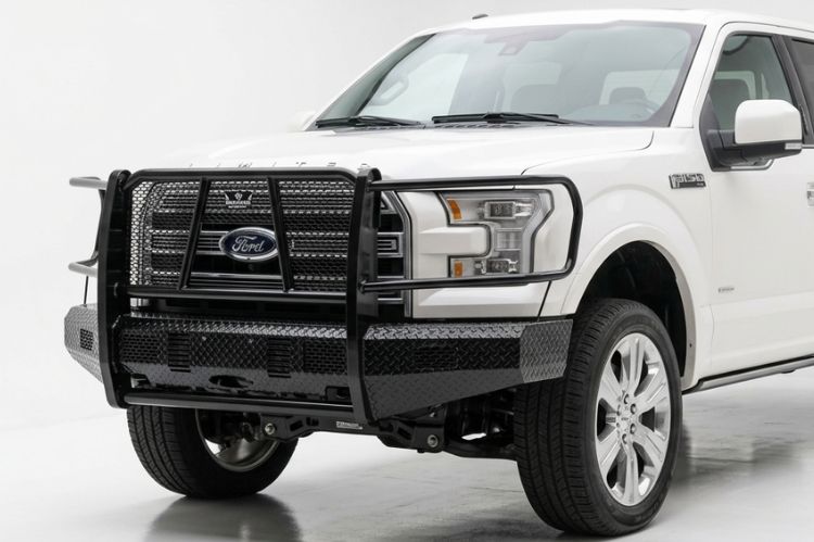 Heavy-duty Ranch Hand Legend front replacement bumper with full grille guard on a 2016 Ford F150.