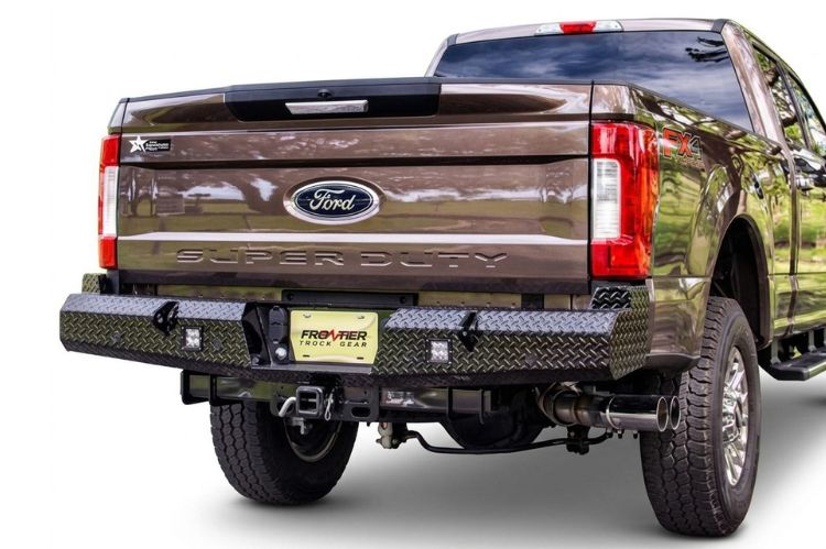 Frontier aftermarket rear bumper for Ford F‑250/F‑350 Super Duty, heavy‑duty steel upgrade engineered for durability, towing strength, and rugged off‑road protection.