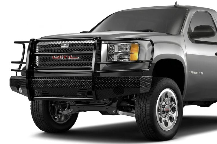 Matte black Ranch Hand Summit series front bumper with integrated grille guard on a 2009 GMC Sierra 1500.