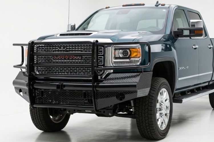 Heavy-duty Ranch Hand Legend front replacement bumper with full grille guard on a 2017 GMC Sierra 2500HD.