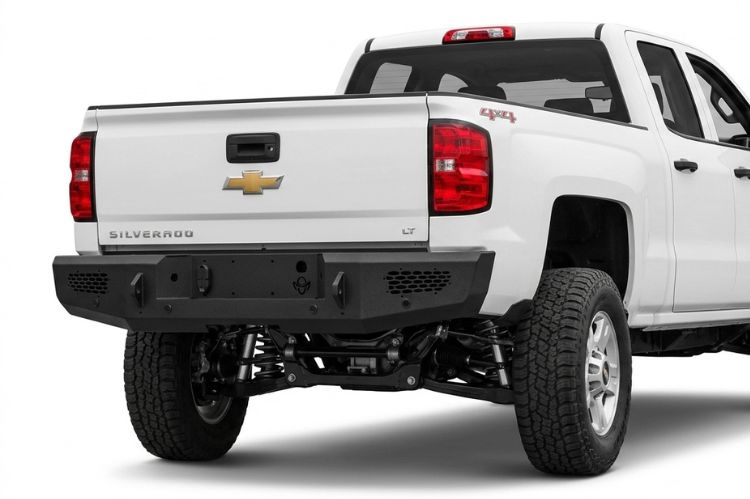 Ranch Hand aftermarket rear bumper for Chevy Silverado 2500/3500, heavy‑duty steel upgrade engineered for durability, towing strength, and rugged off‑road protection.