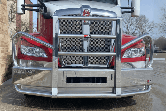 Angled truck grille guard for Kenworth T-680 by Ali Arc model KW490BCQ.