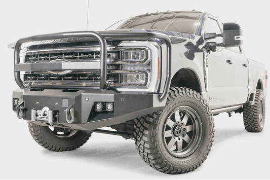 Fab Fours FS23-A5950-1 front bumper with full guard for 2023-2024 Ford F450/F550 – rugged, winch-ready upgrade.