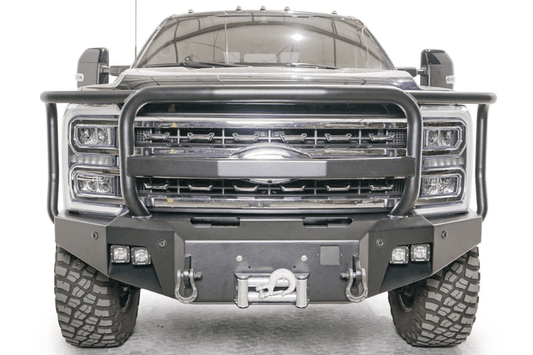 Fab Fours FS23-A5950-1 front bumper with full guard for 2023-2024 Ford F450/F550 – rugged, winch-ready upgrade.