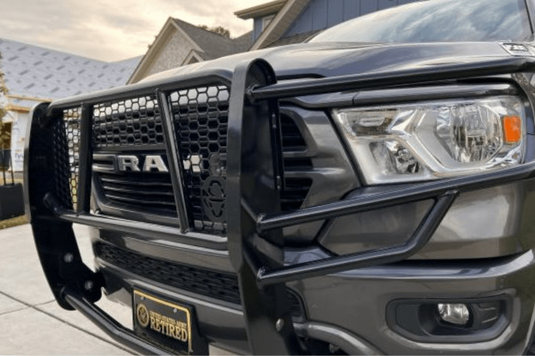 Heavy-duty ranch hand front bumper guard GGD19HBL1C with camera and sensor cutouts