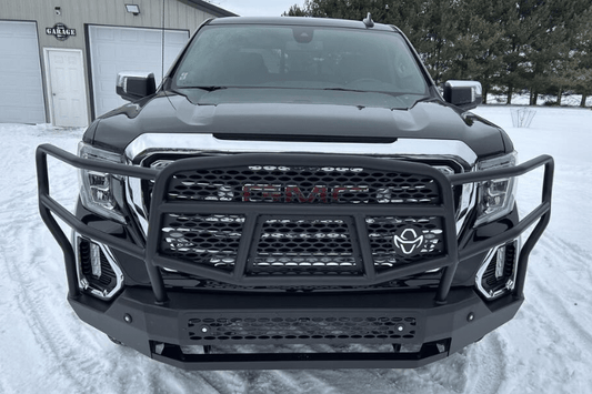Ranch Hand MFG19HBM1 Midnight Series Front Bumper with Grille Guard for 2019-2021 GMC Sierra 1500, black powder-coated heavy-duty steel bumper.