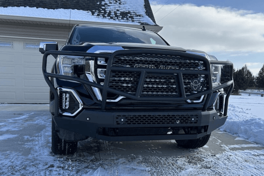 Ranch Hand MFG19HBM1 Midnight Series Front Bumper with Grille Guard for 2019-2021 GMC Sierra 1500, black powder-coated heavy-duty steel bumper.