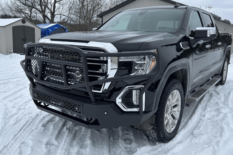 Ranch Hand MFG19HBM1 Midnight Series Front Bumper with Grille Guard for 2019-2021 GMC Sierra 1500, black powder-coated heavy-duty steel bumper.