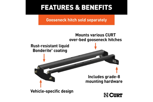 CURT over-bed gooseneck installation bracket 61301 for 2011-2025 GMC Sierra 2500/3500 HD, durable and secure gooseneck mounting solution for stable towing performance