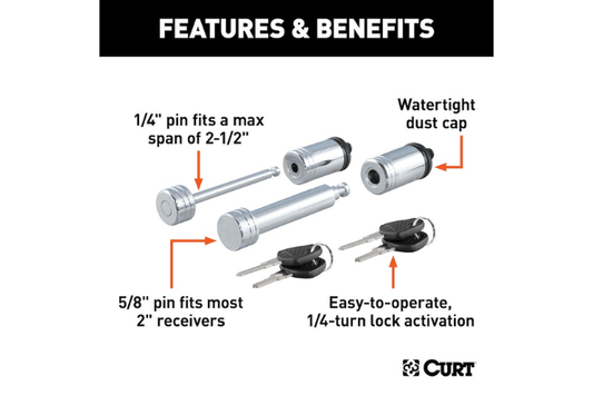 Curt Receiver Lock 23527 with 5/8-inch pin and 2-1/2-inch span, a durable trailer hitch lock and hitch receiver lock for secure towing and theft prevention.