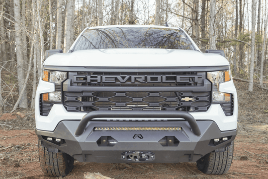 Fab Fours Matrix front bumper with pre-runner grille guard, designed for 2022–2025 Chevy Silverado 1500, winch-ready and rugged