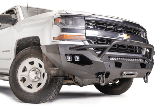 Fab Fours CS16-X4852-1 Matrix front bumper with pre-runner guard for 2016–2018 Chevy Silverado 1500, winch-ready and built for aggressive off-road protection