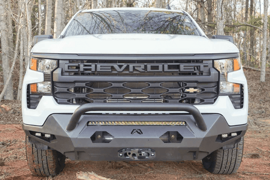 Rugged Fab Fours Matrix front bumper CS22-X5662-1 with pre-runner guard designed for 2022-2025 Chevy Silverado 1500