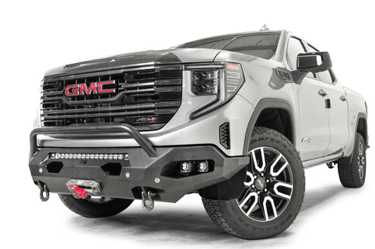 Fab Fours GS23-X5852-1 Matrix front bumper with pre-runner guard for 2022–2024 GMC Sierra 1500, winch-ready and built for aggressive off-road protection and rugged style