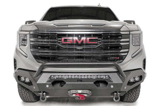Fab Fours GS23-X5852-1 Matrix front bumper with pre-runner guard for 2022–2024 GMC Sierra 1500, winch-ready and built for aggressive off-road protection and rugged style