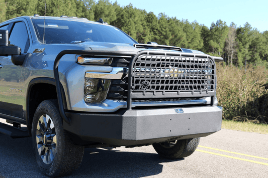 Heavy-duty Hammerhead TVI front bumper with full brush guard for Chevy Silverado 2500/3500 2024-2025.