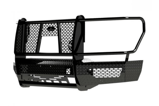 Ranch Hand FSF21HBL1C Summit Front Bumper with Grille Guard for 2021–2023 Ford F-150, featuring adaptive cruise control compatibility and durable diamond-plate steel construction.