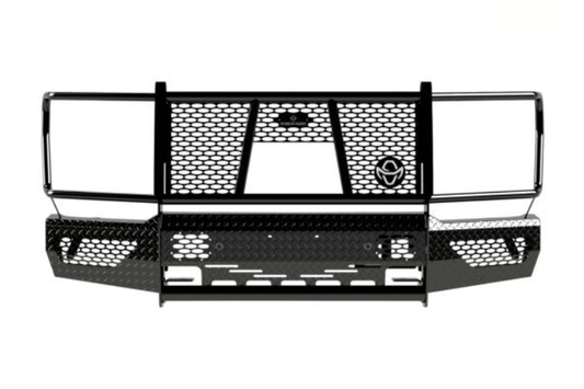 Ranch Hand FSF21HBL1C Summit Front Bumper with Grille Guard for 2021–2023 Ford F-150, featuring adaptive cruise control compatibility and durable diamond-plate steel construction.