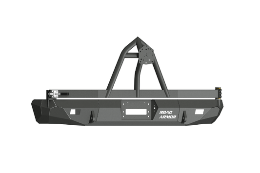 Road Armor Stealth 61208B rear bumper replacement with spare tire carrier for 1999-2007 Ford Excursion – heavy-duty back bumper with rear winch mount, textured black finish, winch-ready design