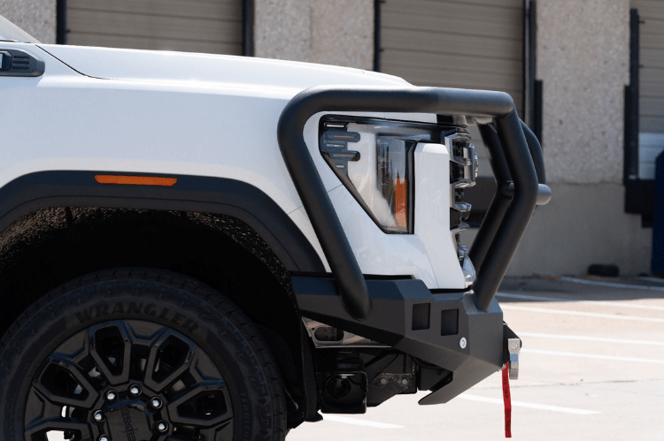 Road Armor Stealth 2242F2B Front Bumper with Titan II Guard installed on a 2024 GMC Sierra 2500 HD, featuring textured black finish, winch compatibility, and aggressive off-road styling.