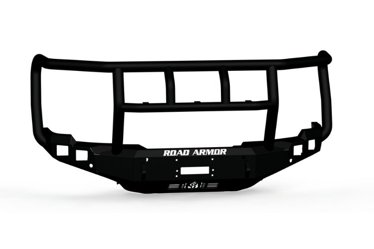 Road Armor Stealth 2242F2B Front Bumper with Titan II Guard installed on a 2024 GMC Sierra 2500 HD, featuring textured black finish, winch compatibility, and aggressive off-road styling.