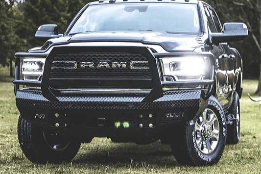 Bodyguard JER19BYGMN heavy duty front bumper for 2019–2025 Dodge Ram 2500/3500, featuring grille guard bumper design, fog light and sensor cutouts, and receiver tube for off-road use