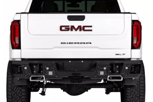 Heavy-duty Bodyguard DGC19AYLT rear bumper with sensor light cutouts, designed for 2019-2025 GMC Sierra 1500 with dual exhaust — durable aftermarket truck bumper