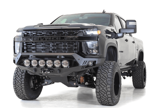 Black Chevy Silverado 2500/3500 truck front end showcasing the ADD F270043500103 Bomber HD Black front bumper, 2020-2023 model