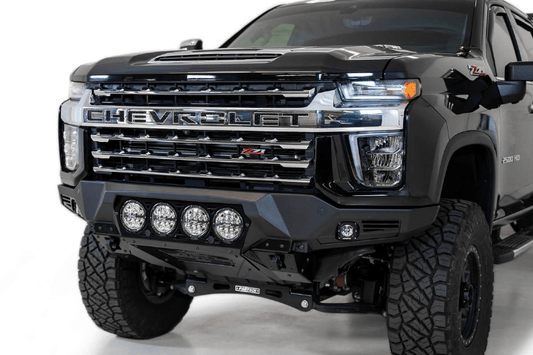 Black Chevy Silverado 2500/3500 truck front end showcasing the ADD F270014110103 Bomber Black front bumper, designed for 2020-2023 models