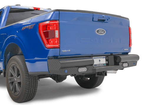 Fab Fours FF21-T5050-1 steel rear bumper for Ford F150 2021–2023 with sensor compatibility