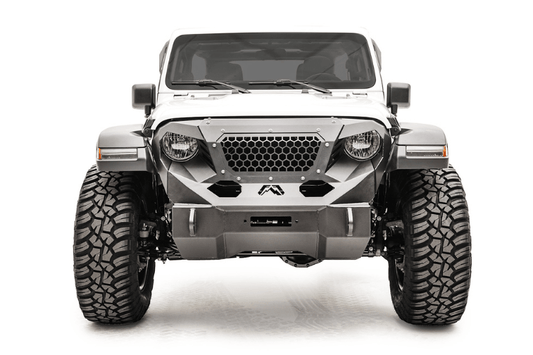 Fab Fours GR4606-1 Grumper equipped white Jeep Wrangler JL 2018-2024 front end with optional 20 inch light bar insert