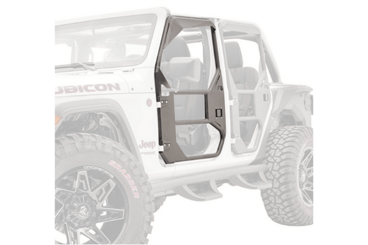 Open doors of a Fab Fours JL1030-1 Jeep Gladiator, showcasing the full surround front tube door design.