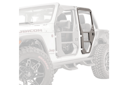 Open doors of a Fab Fours JL1031-1 Jeep Gladiator, showcasing the full surround rear tube door design.