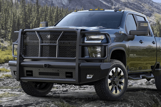 Front end bumper replacement Steelcraft HD10447RC for Silverado HD trucks, steel bumper with grille and deer guard features.