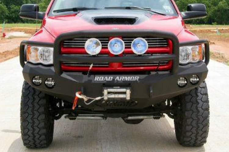Road Armor Stealth 44035B 2002-2005 Dodge Ram 1500 Front Winch Ready Bumper Lonestar Guard, Black Finish and Round Fog Light Hole